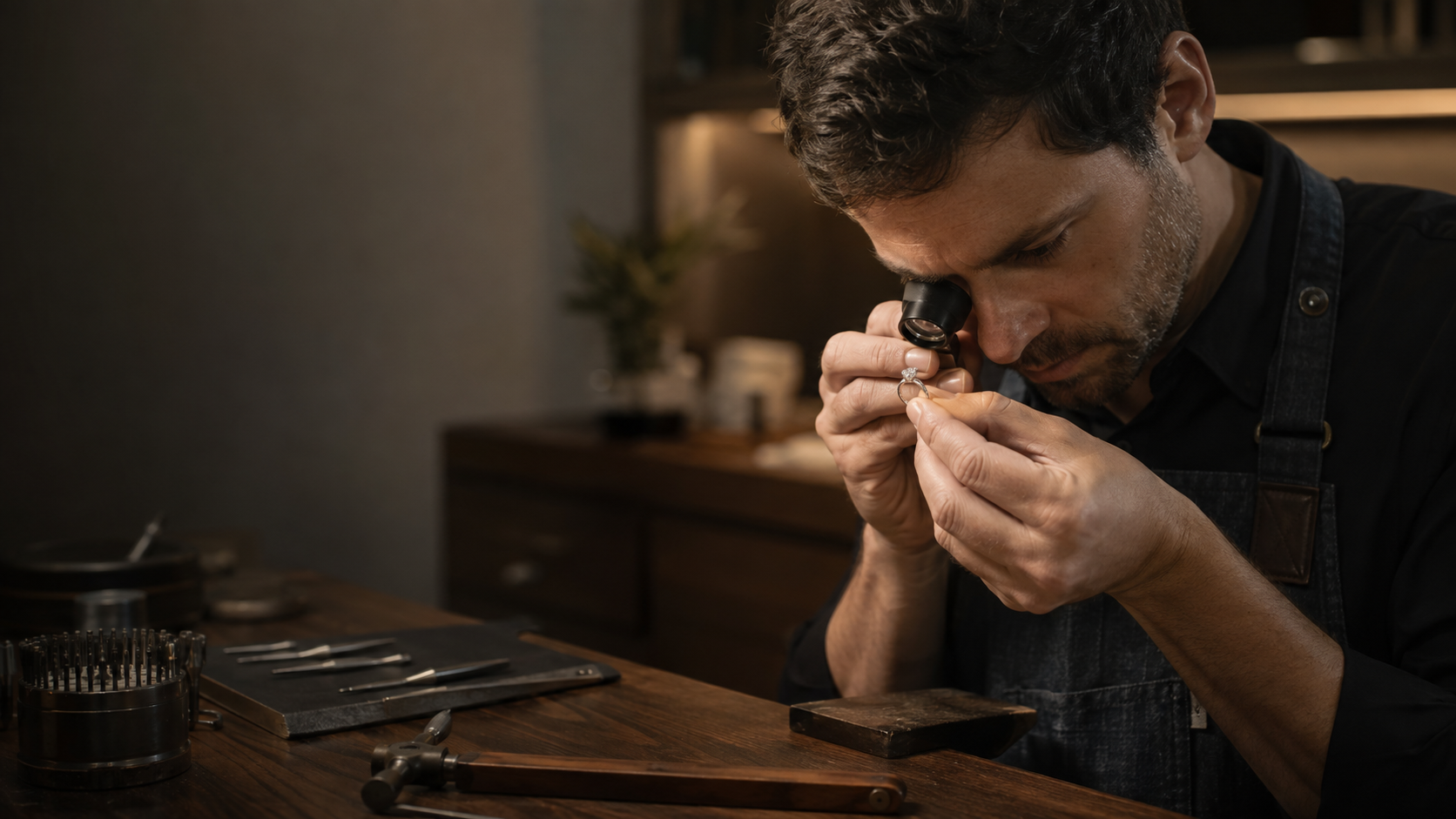 Jeweller examining a ring at a workbench